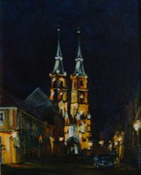 Wrocławska katedra nocą - olej na płótnie. Autor: Jerzy Kaczorek
